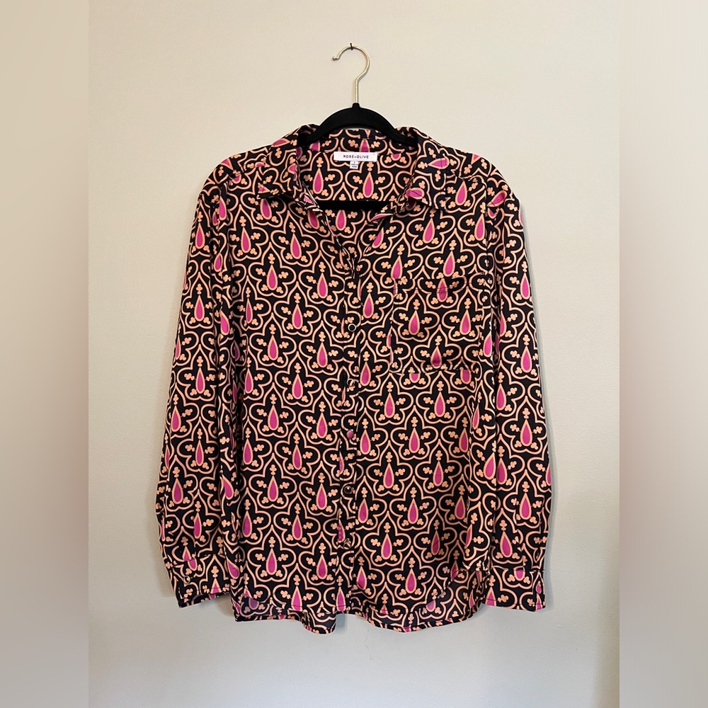 Rose & Olive Long Sleeve Blouse Button-Up Women Size Large Geometric